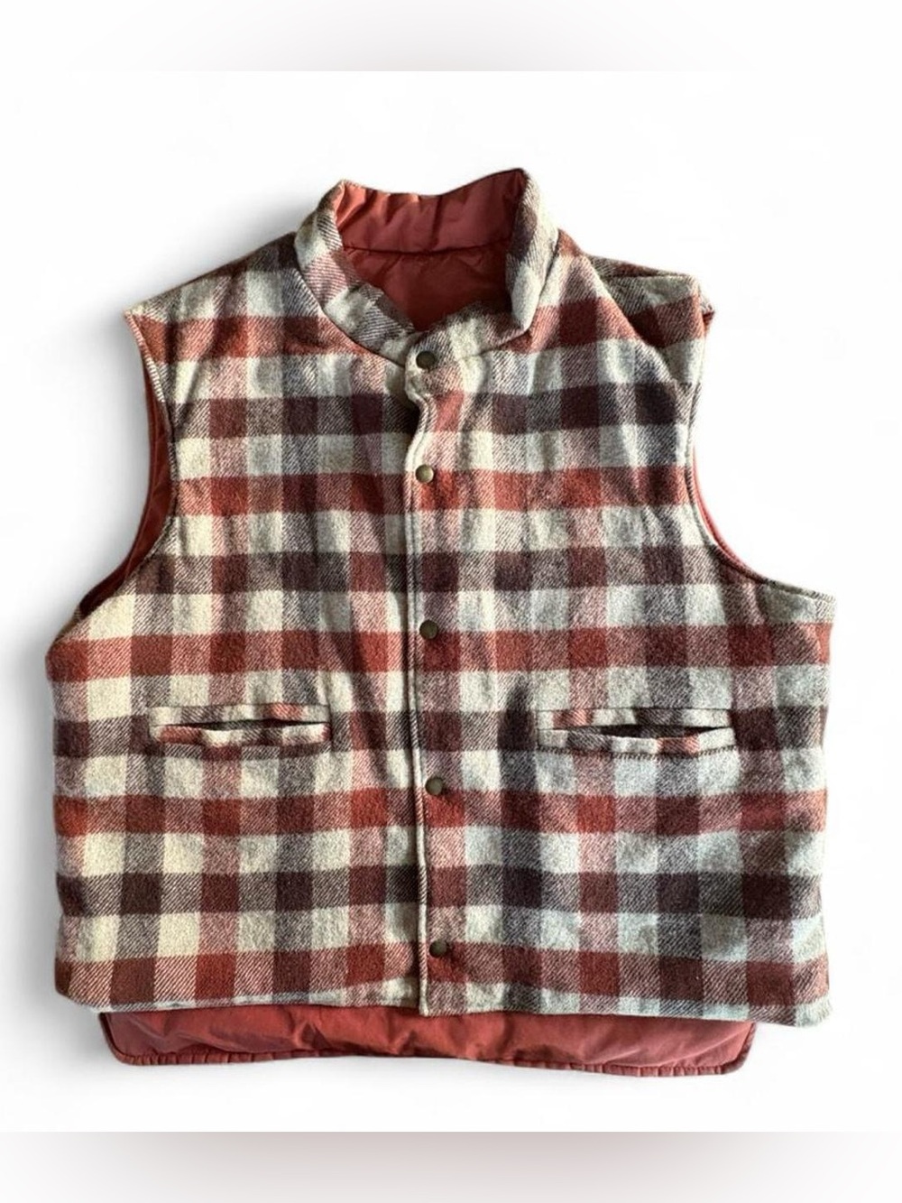 Vtg Woolrich Reversible Vest XL Menswear Plaid Rust Cabin Gorp Rustic Camping